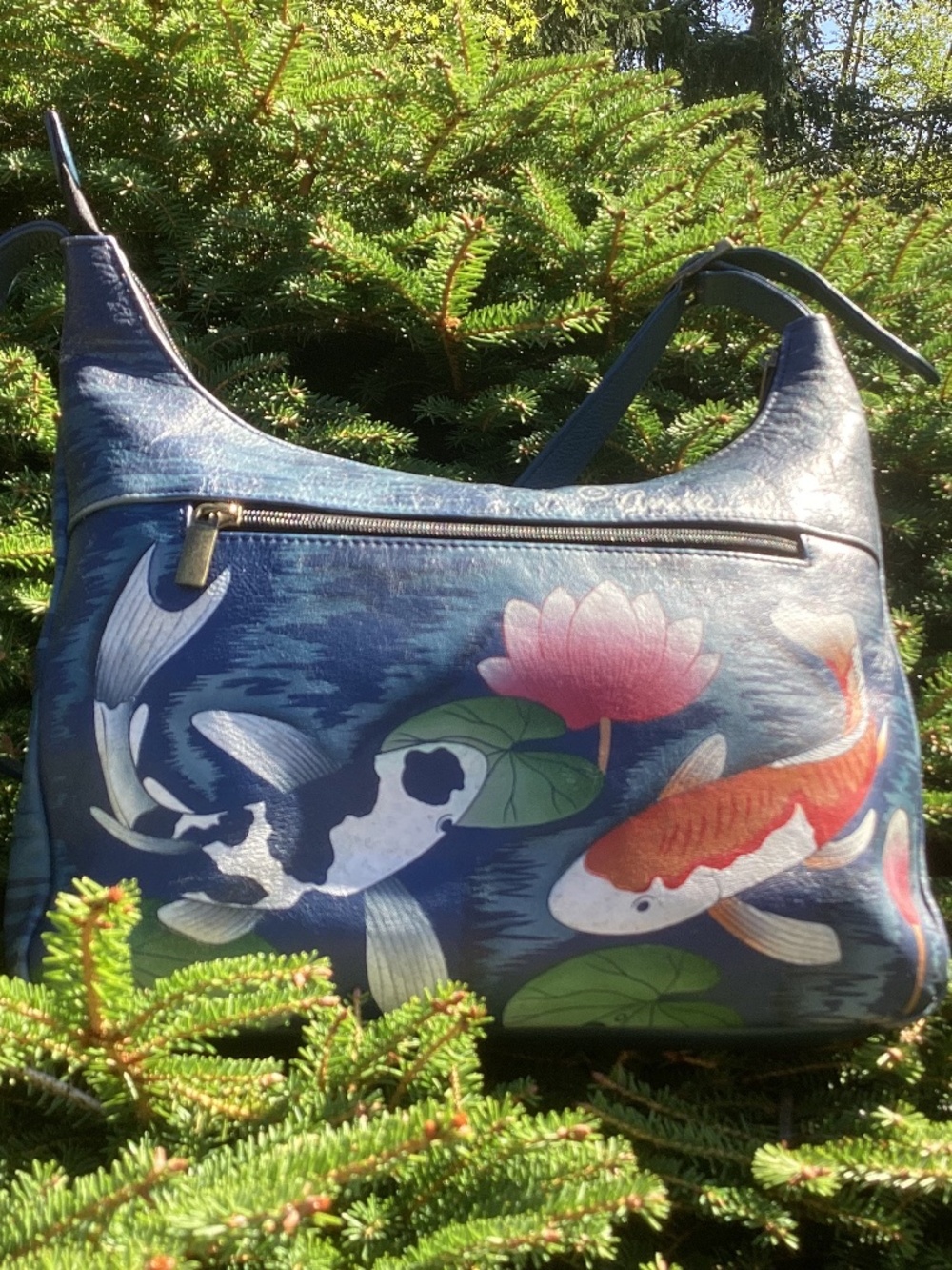 ANNA By ANUSCHKA Beautiful Blue/Green Koi Fish Painted Shoulder Carry Handbag🦋